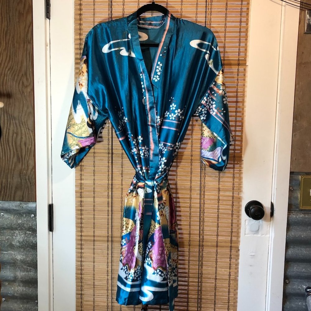 Silky Teal Floral Kimono Robe - Women Intimates & Sleepwear